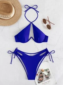 Summer Beach Cut-Out Knot Back Cross Halter Underwire Bikini Bikini Azulblue Bikini - Royal Blue - View 6