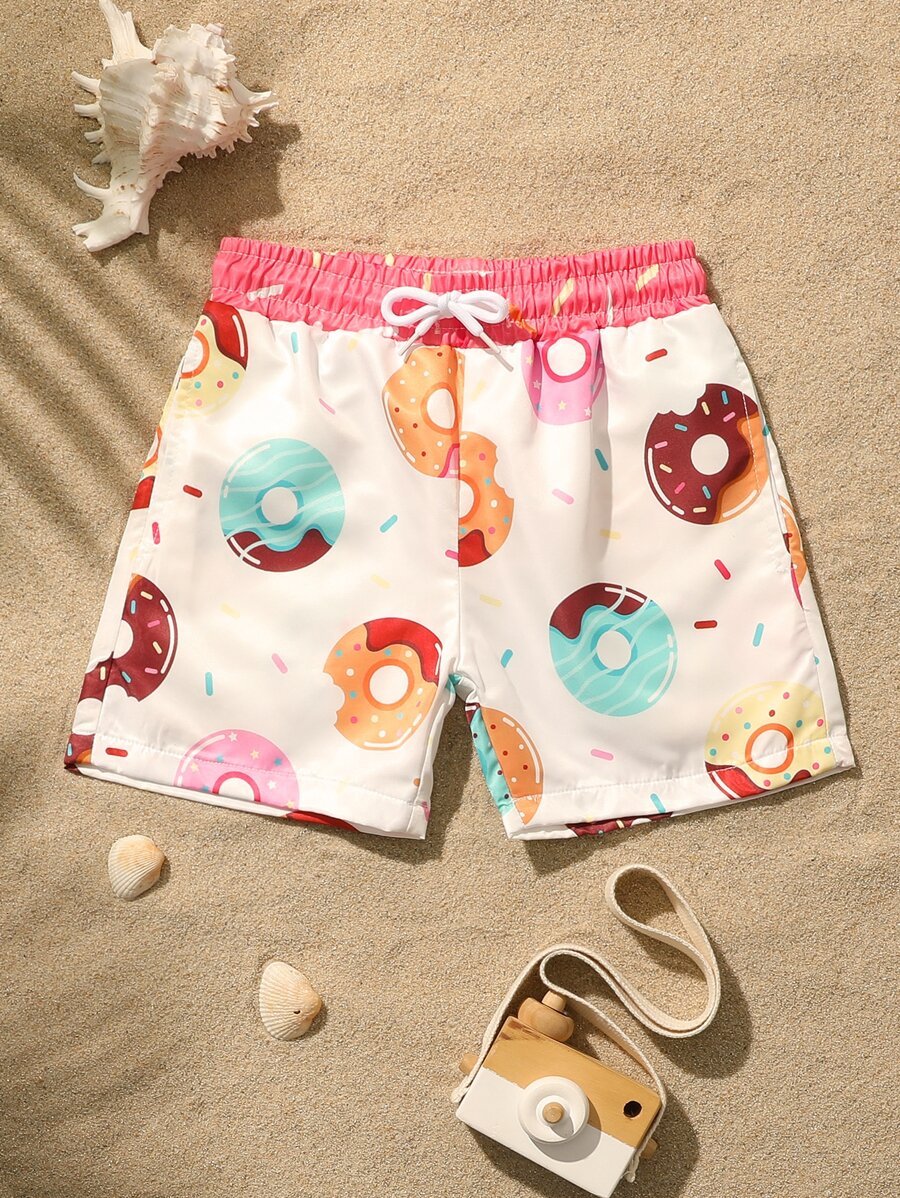 Young Boy 1pack Donuts Print Drawstring Waist Swim Shorts - White - View 1