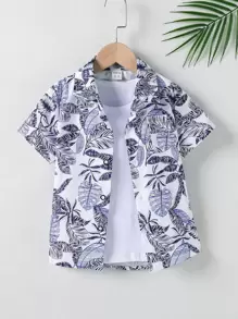 SHEIN Toddler Boys Tropical Print Button Front Shirt - White - View 1