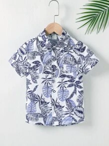 SHEIN Toddler Boys Tropical Print Button Front Shirt - White - View 3