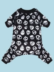 Cute Bone Dark Skull Print Pet Four-Legged Pajamas, Autumn And Winter Warm Dog And Cat Pajamas, Daily Home Wear, Halloween Cool And Cute Pet Home Clothing