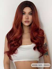 長款小波浪人造假髮 - 紅色 - 查看 2