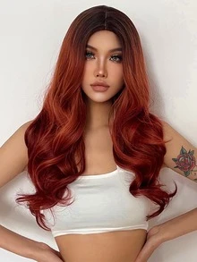 長款小波浪人造假髮 - 紅色 - 查看 5