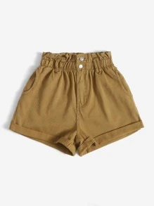 Breezaya Quần short denim nữ Nút Túi Quần paper-bag màu trơn - Lạc đà - Xem 3