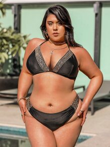 Plus Size Stitch Detail Halter High Waist Bikini Set Summer Beach - Black - View 1