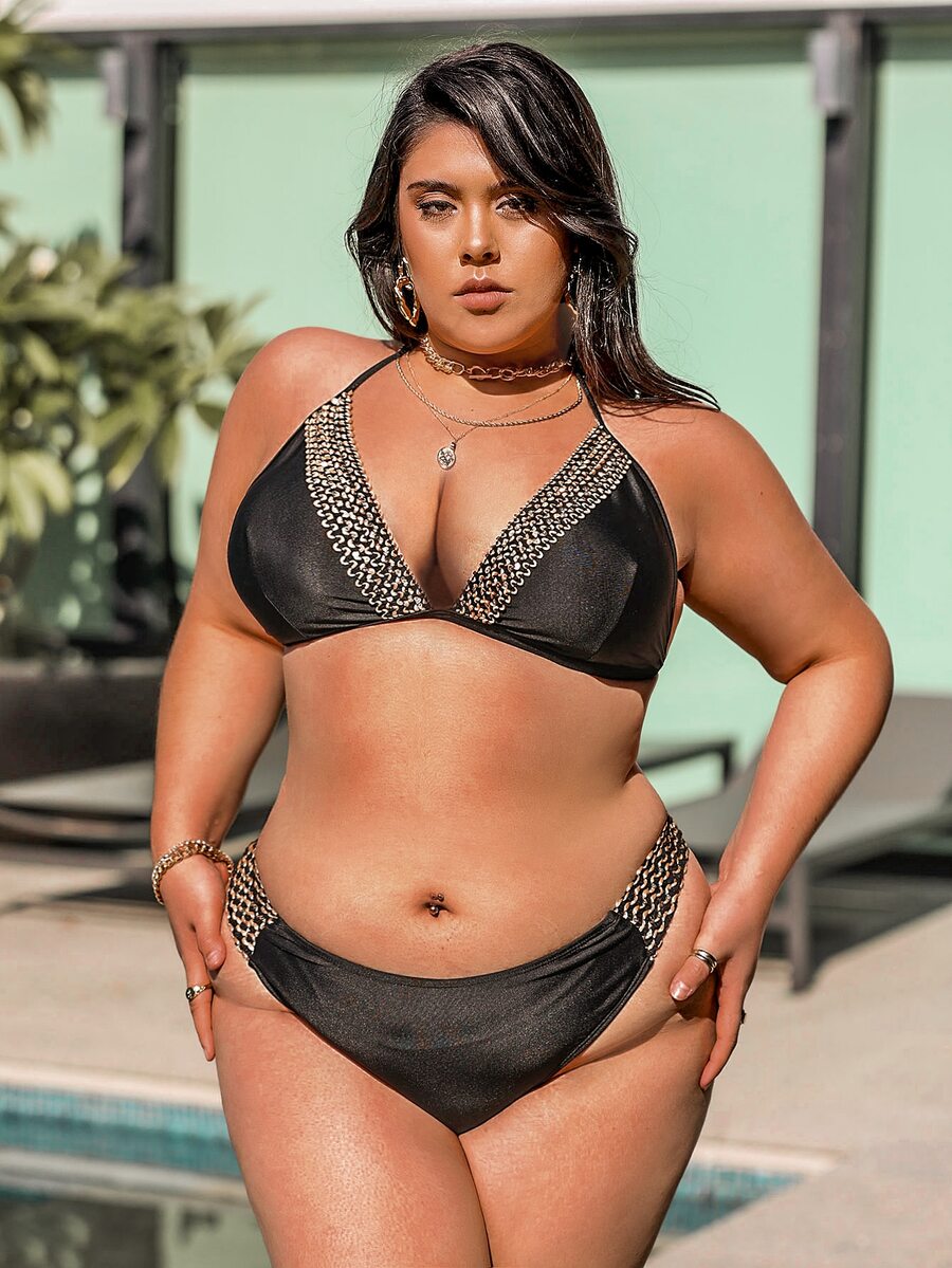 Plus Size Stitch Detail Halter High Waist Bikini Set Summer Beach - Black - View 1