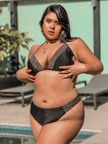 Plus Size Stitch Detail Halter High Waist Bikini Set Summer Beach - Black - View 3