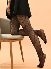 净色渔网裤袜 - 黑色 - 查看 2