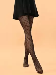 净色渔网裤袜 - 黑色 - 查看 3