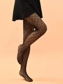 净色渔网裤袜 - 黑色 - 查看 4