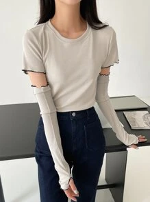 DAZY Lettuce Trim Ribbed Knit Tee With Arm Sleeves - Apricot - View 1