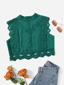 Soleia Áo sơ mi nữ Nút Tương phản ren Sò điệp màu trơn Boho - màu xanh lá - Xem 1