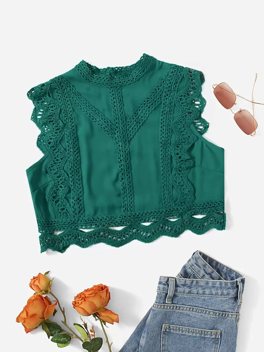 Soleia Áo sơ mi nữ Nút Tương phản ren Sò điệp màu trơn Boho - màu xanh lá - Xem 1