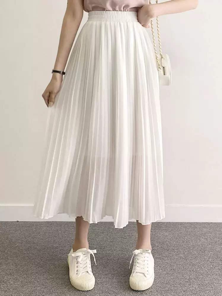 DAZY Solid Elastic Waist Pleated Skirt Fall | SHEIN USA