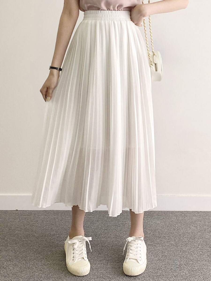 DAZY Solid Elastic Waist Pleated Skirt Fall