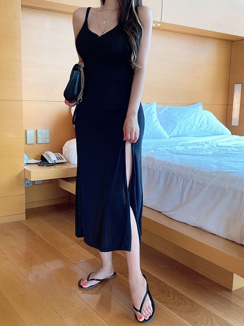 Button Front Split Thigh Cami Dress