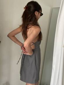 DAZY Delad fåll Backless Cami Dress Sundress - Mörkgrå - Visa 5
