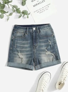 Ripped Roll Up Hem Denim Shorts - Medium Wash - View 1