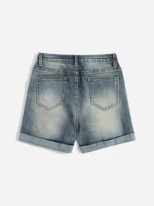 Ripped Roll Up Hem Denim Shorts - Medium Wash - View 2