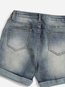 Ripped Roll Up Hem Denim Shorts - Medium Wash - View 3