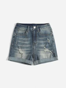 Ripped Roll Up Hem Denim Shorts - Medium Wash - View 4