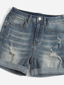 Ripped Roll Up Hem Denim Shorts - Medium Wash - View 5