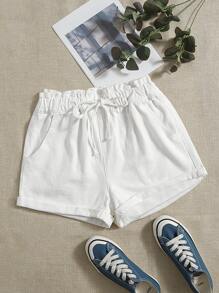 Shorts en mezclilla de cintura con volante con cordón - Blanco - Ver 4