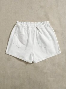 Shorts en mezclilla de cintura con volante con cordón - Blanco - Ver 2