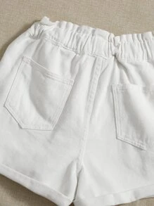 Shorts en mezclilla de cintura con volante con cordón - Blanco - Ver 3