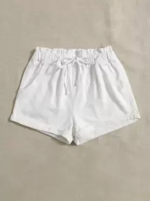 Shorts en mezclilla de cintura con volante con cordón - Blanco - Ver 1