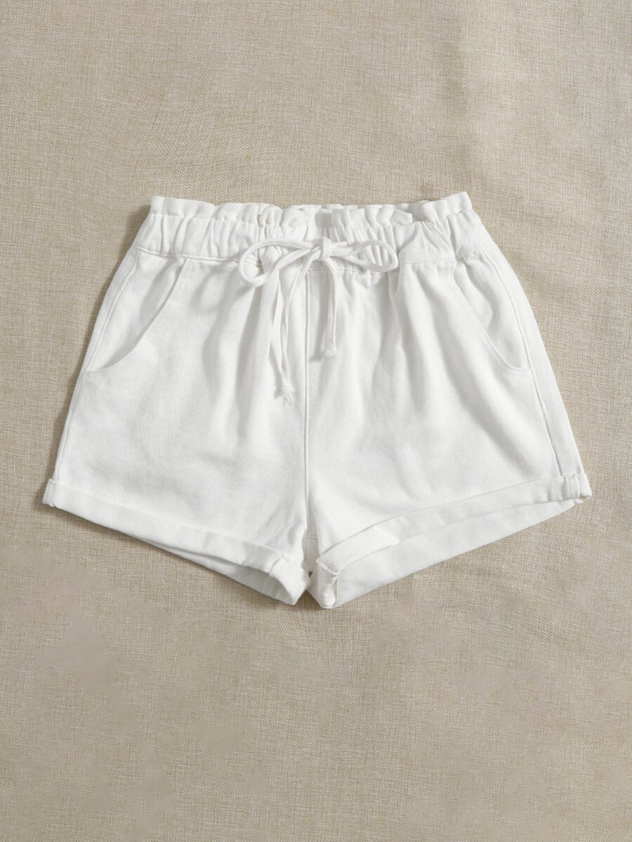 Shorts en mezclilla de cintura con volante con cordón - Blanco - Ver 1