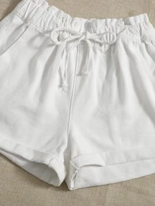 Shorts en mezclilla de cintura con volante con cordón - Blanco - Ver 5