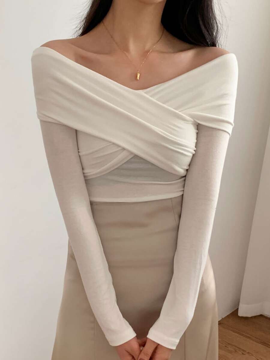 Women's Solid Color Off-The-Shoulder Long Sleeve Fitted T-Shirt, Autumn,Fall Women Clothes Off Shoulder Top Cute Tops - White - View 1