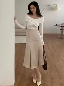 Women's Solid Color Off-The-Shoulder Long Sleeve Fitted T-Shirt, Autumn,Fall Women Clothes Off Shoulder Top Cute Tops - White - View 4