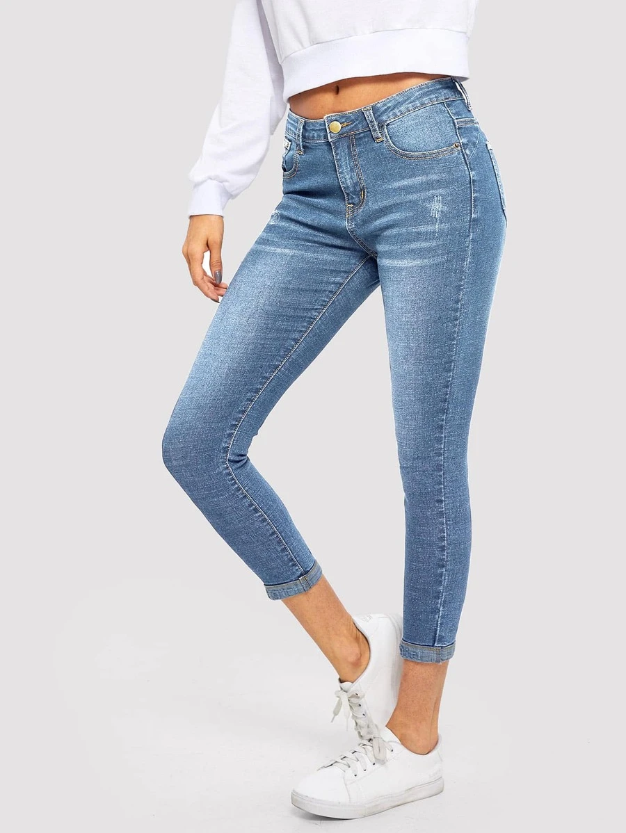 SHEIN Essnce 漂白水洗緊身牛仔褲 - 淺色水洗藍 - 查看 1
