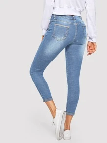 SHEIN Essnce 漂白水洗緊身牛仔褲 - 淺色水洗藍 - 查看 2