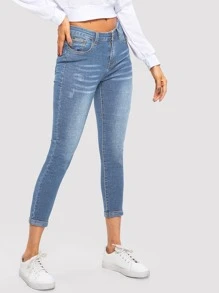 SHEIN Essnce 漂白水洗緊身牛仔褲 - 淺色水洗藍 - 查看 4