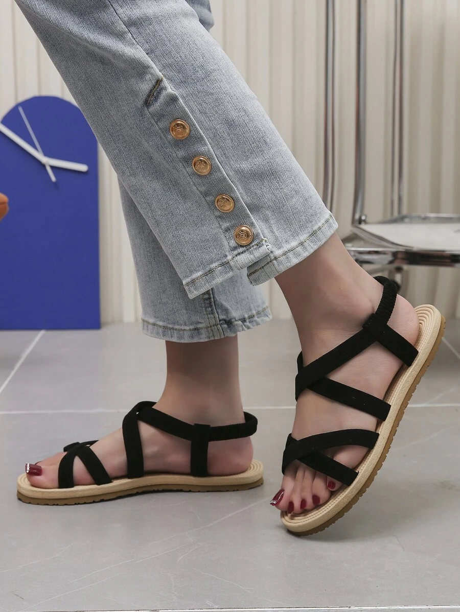 Women Minimalist Slingback Sandals, Vacation Beach Flat Sandals - Black - View 1