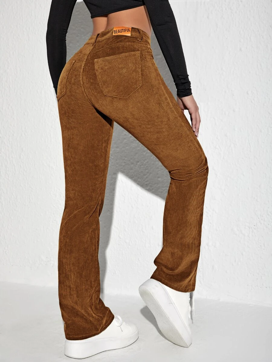 SHEIN Unity Pantalones con parche de letra pierna amplia de pana - Marrón - Ver 1
