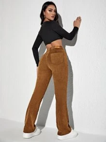 SHEIN Unity Pantalones con parche de letra pierna amplia de pana - Marrón - Ver 2