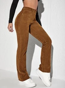 SHEIN Unity Pantalones con parche de letra pierna amplia de pana - Marrón - Ver 3