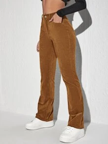 SHEIN Unity Pantalones con parche de letra pierna amplia de pana - Marrón - Ver 4