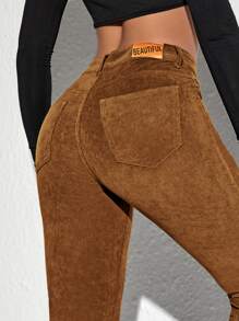 SHEIN Unity Pantalones con parche de letra pierna amplia de pana - Marrón - Ver 5