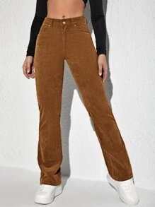 SHEIN Unity Pantalones con parche de letra pierna amplia de pana - Marrón - Ver 6