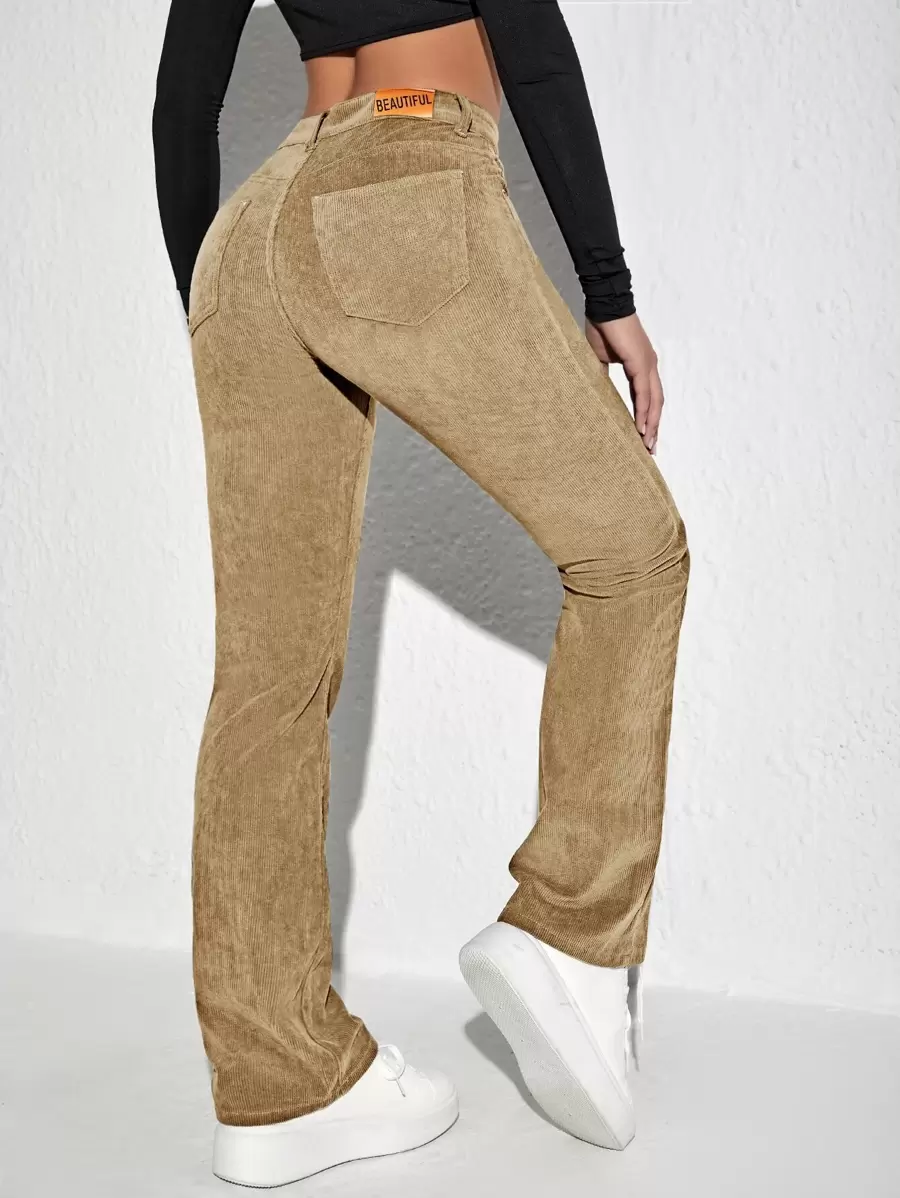 SHEIN Unity Pantalones con parche de letra pierna amplia de pana - Caqui - Ver 1