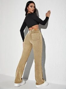 SHEIN Unity Pantalones con parche de letra pierna amplia de pana - Caqui - Ver 2