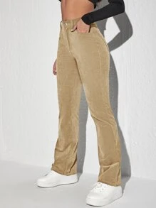 SHEIN Unity Pantalones con parche de letra pierna amplia de pana - Caqui - Ver 4