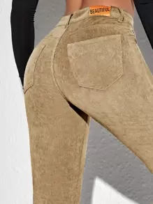 SHEIN Unity Pantalones con parche de letra pierna amplia de pana - Caqui - Ver 5