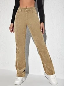 SHEIN Unity Pantalones con parche de letra pierna amplia de pana - Caqui - Ver 6