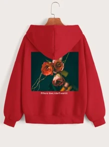 INAWLY Floral And Slogan Graphic Zip Up Thermal Lined Drawstring Hoodie - Burgundy - View 1